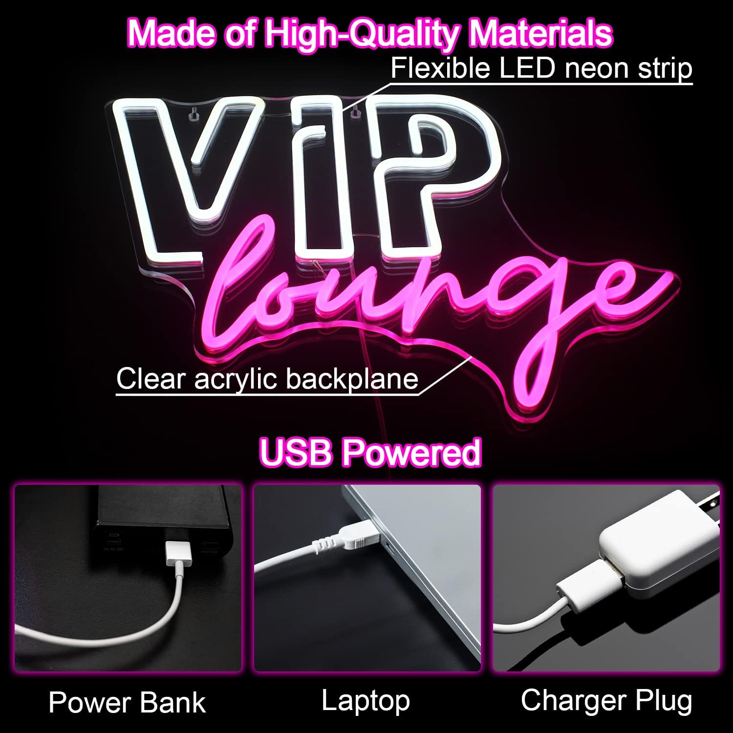 VIP Lounge Neon Sign – Pink & White LED Wall Decor Light – USB Powered Acrylic Neon Sign for Bar, Hotel, Café, or Home – Art Deco Style