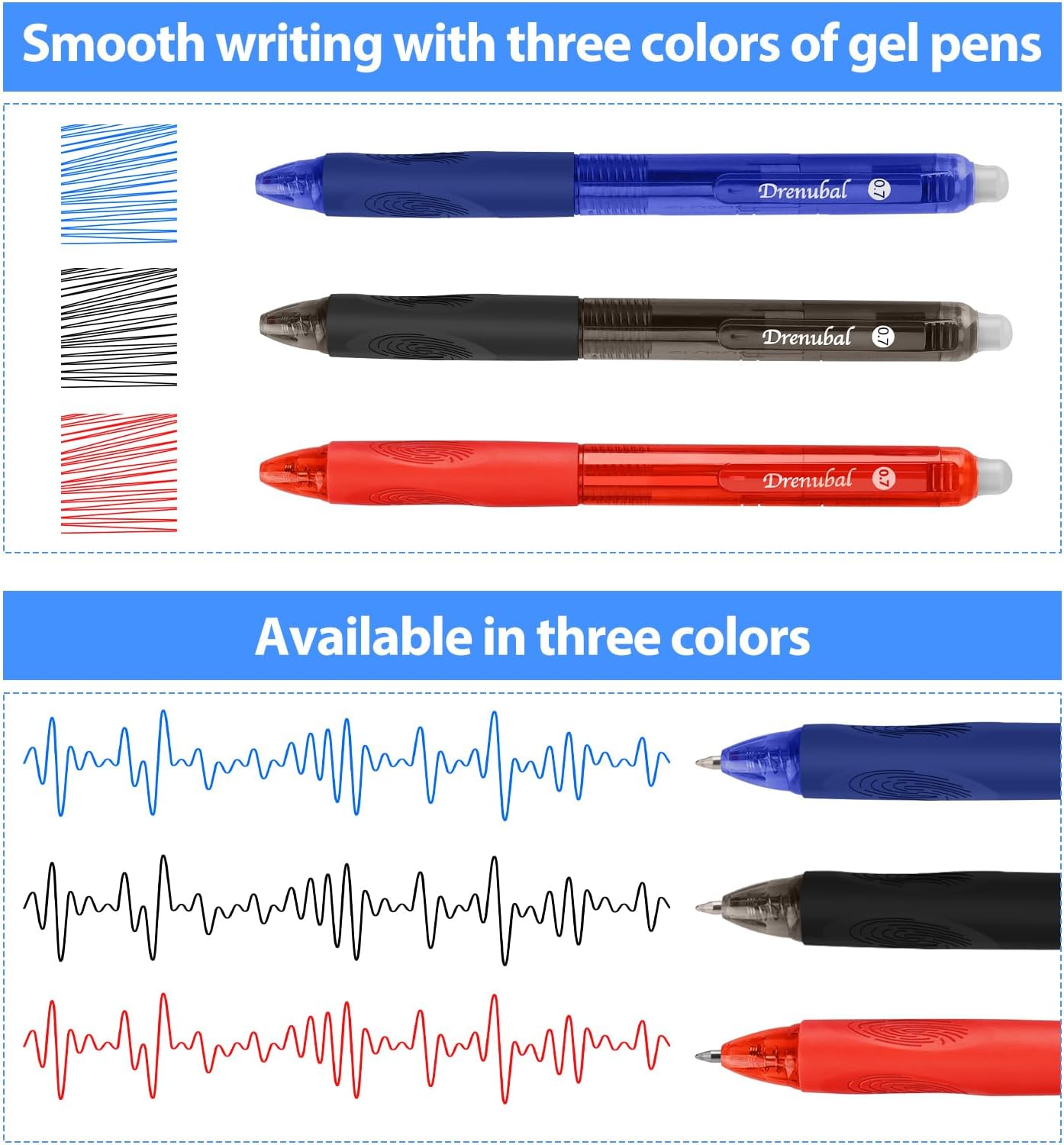 Drenubal 12-Pack Erasable Gel Pens – 0.7mm Black & Blue Ink, Quick-Drying, Comfort Grip, Multicolor Set for School, Office