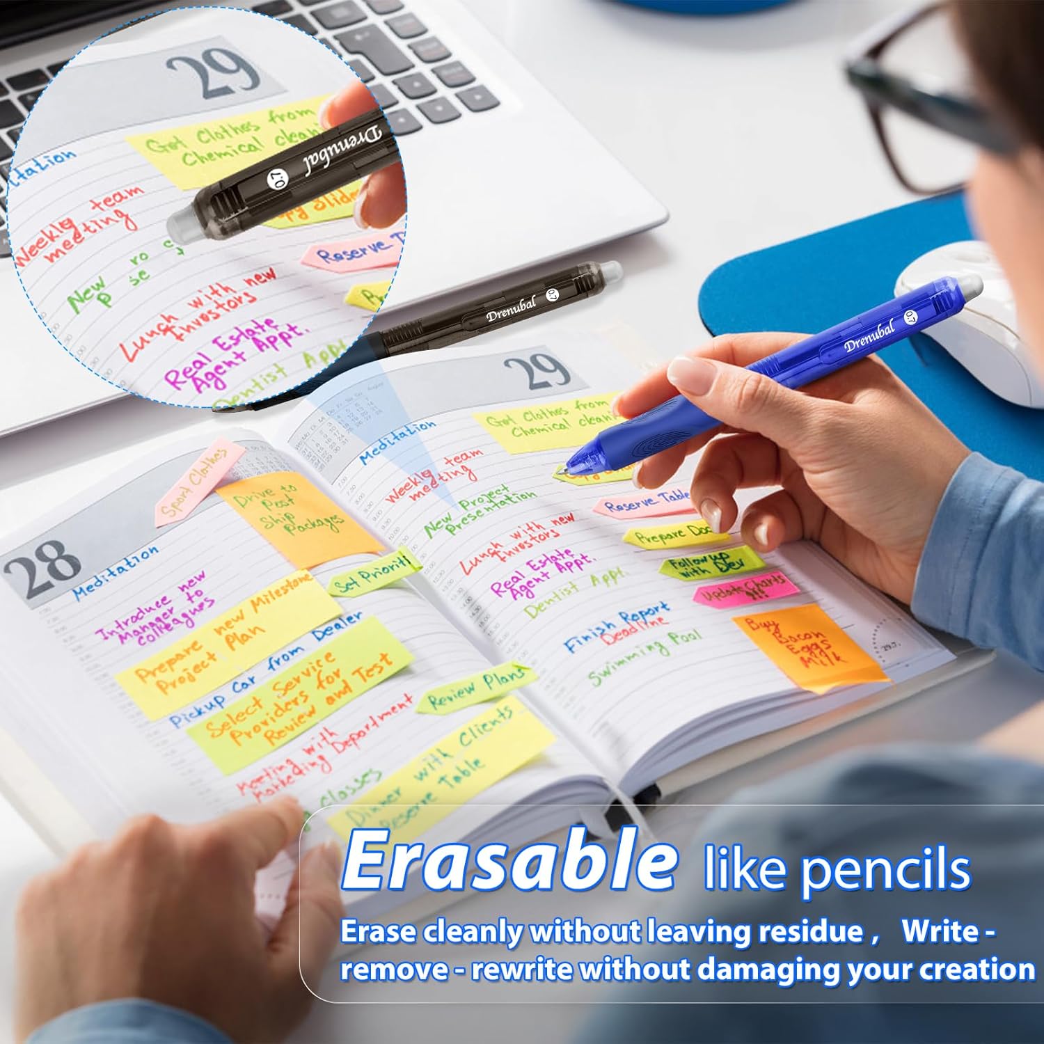 Drenubal 12-Pack Erasable Gel Pens – 0.7mm Black & Blue Ink, Quick-Drying, Comfort Grip, Multicolor Set for School, Office