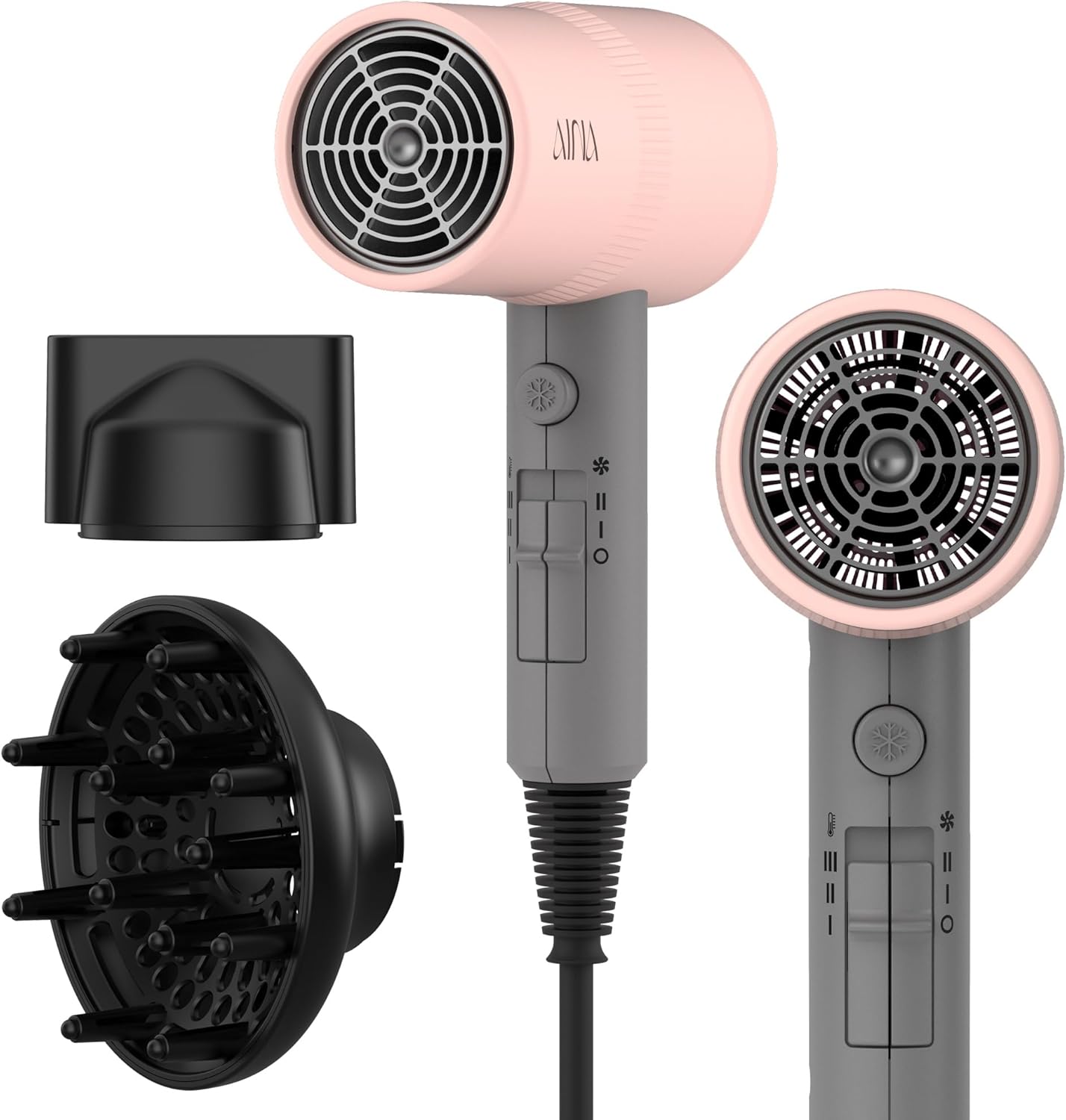 AINA Hair Dryer with Diffuser – Ionic Blow Dryer for Women with Cold Shot, Ceramic Coating & Turbo Heat, Fast Drying for Shine (Misty Blush)