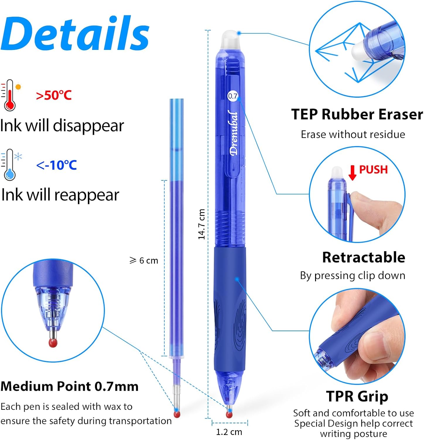 Drenubal 12-Pack Erasable Gel Pens – 0.7mm Black & Blue Ink, Quick-Drying, Comfort Grip, Multicolor Set for School, Office