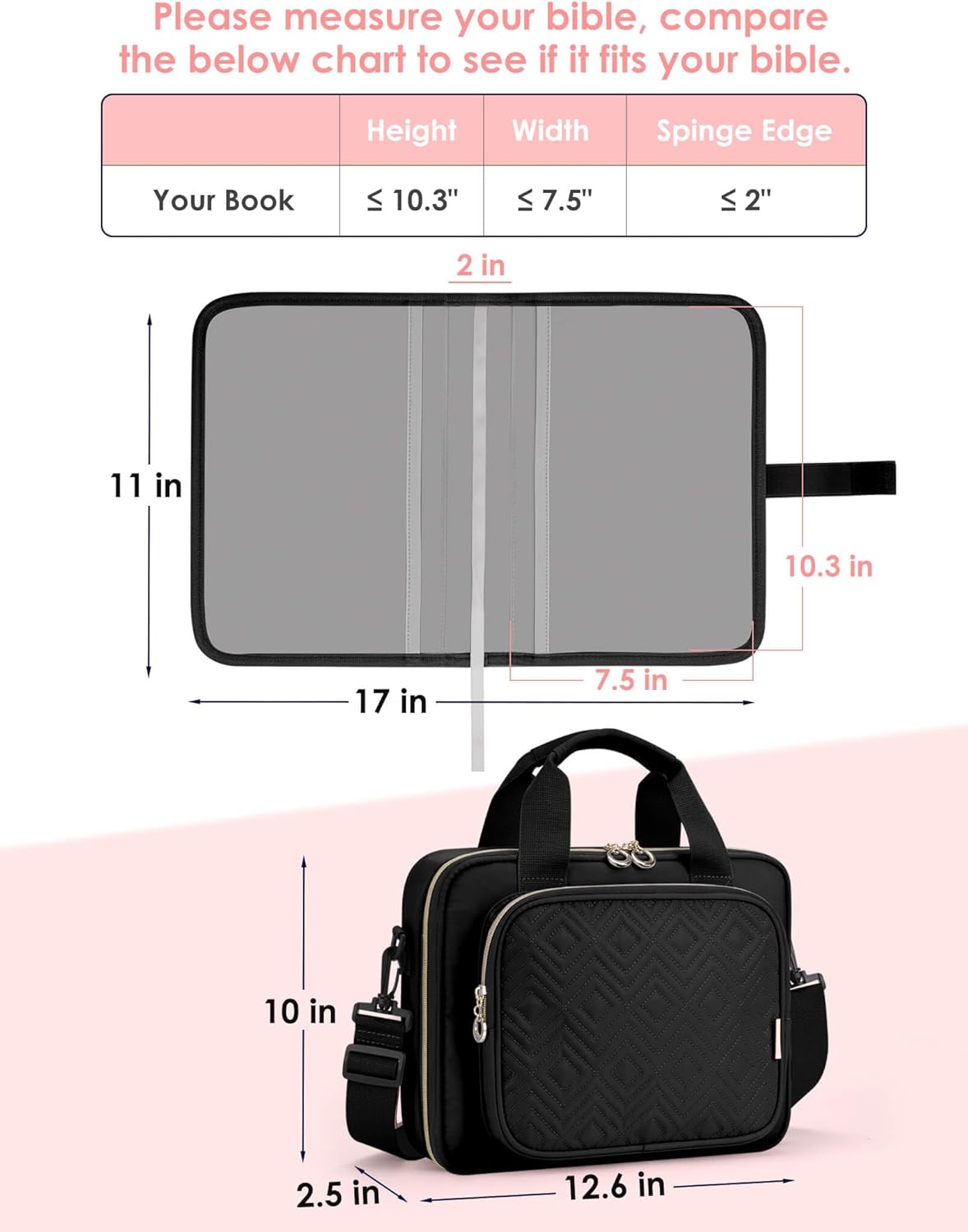 heouvo Bible Cover Case for Women – Includes No Bleed Highlighters, Pens, Tabs & Add-On Book Cover | Large Black Bible Bag with Shoulder Strap & Handles