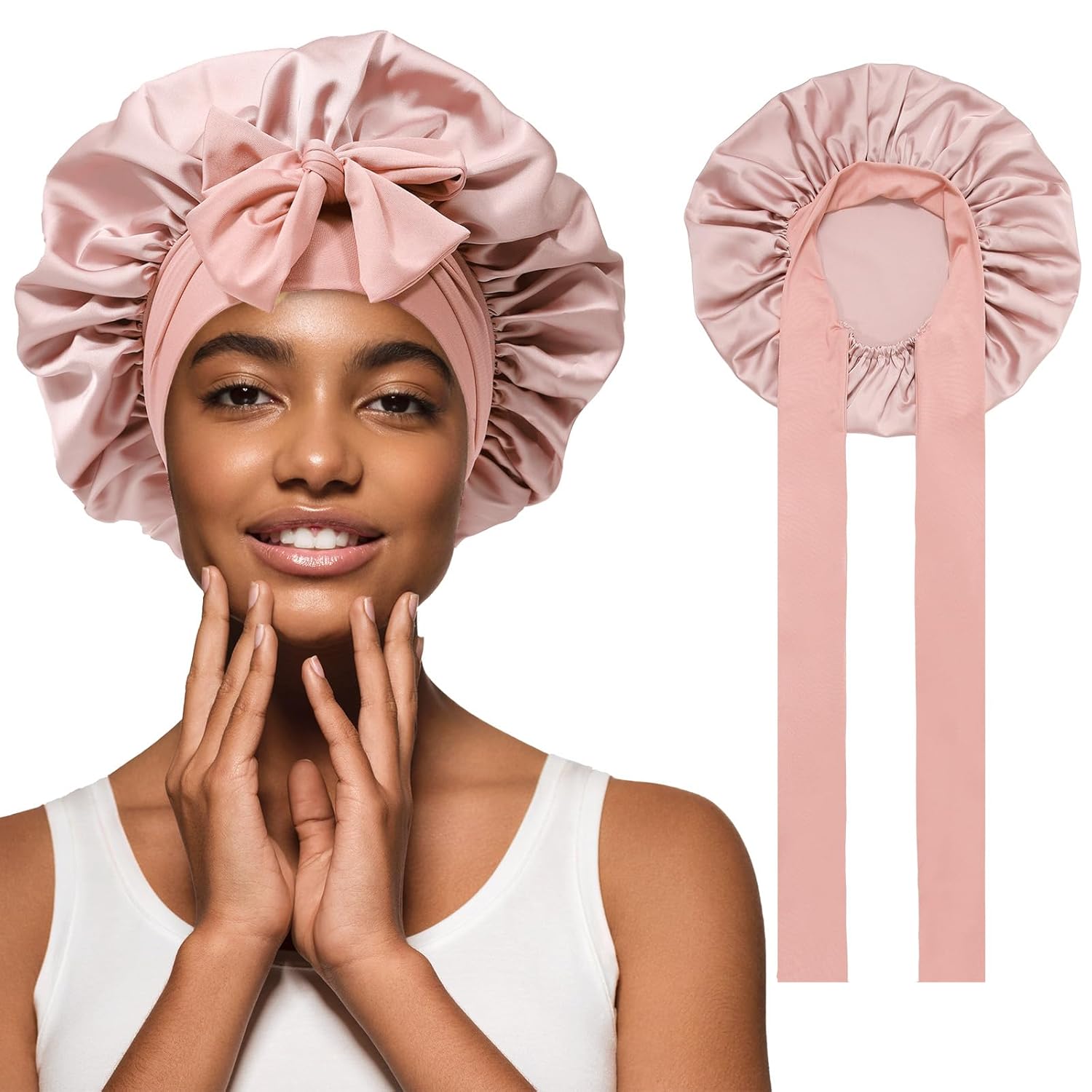 Satin Hair Bonnet with Wide Tie Band – Silk Sleeping Cap for Women & Girls, Light Pink