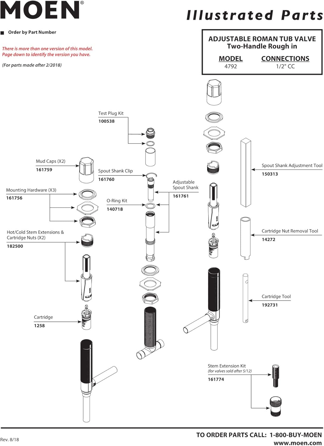 Moen 4792 Brass Two-Handle 3-Hole Roman Tub Valve with Adjustable 1/2-Inch CC Connection