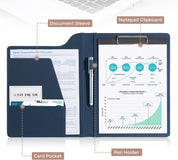 ProCase A4 Clipboard Folder – PU Leather File Organizer with Lid, Document Pockets, and Pen Holder, Dark Blue