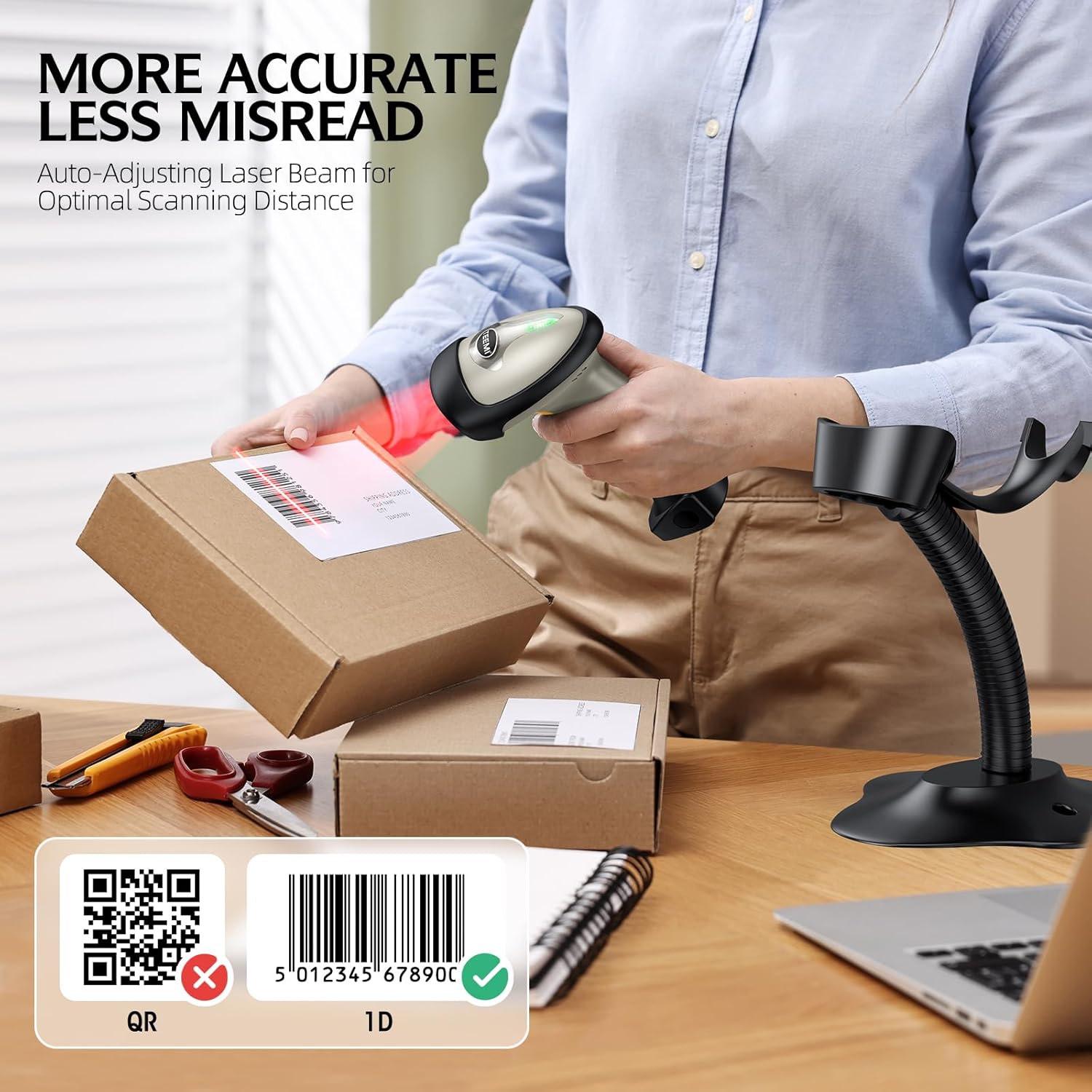TEEMI Bluetooth 1D Barcode Scanner with Optional Stand – Wireless Laser Reader for iPhone, iPad, Android, Windows, Mac – Pre-Owned