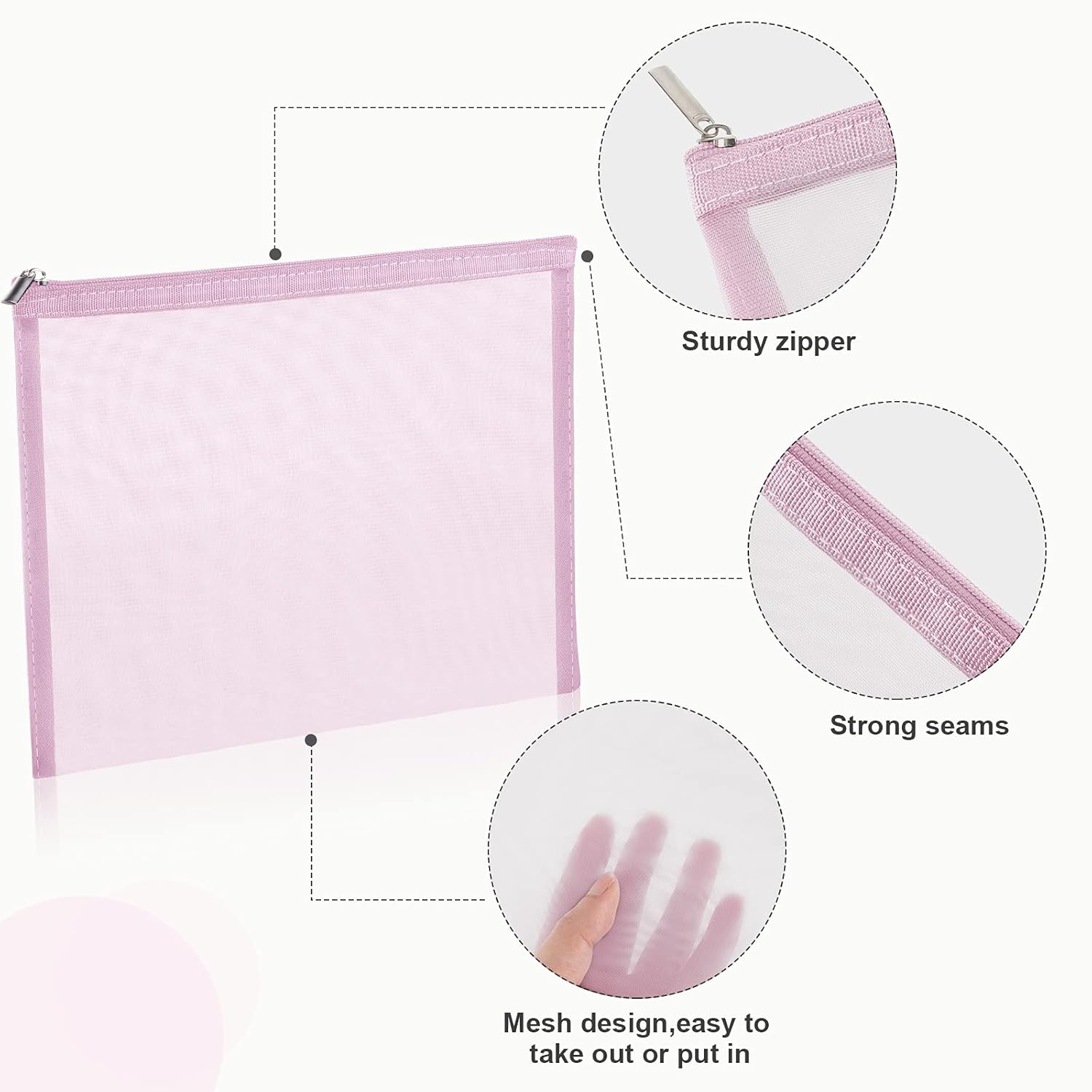 Boao 6-Piece Mesh Makeup Bags – Light Pink Nylon Travel Cosmetic Organizer Pouches with Zipper for Toiletries & Accessories