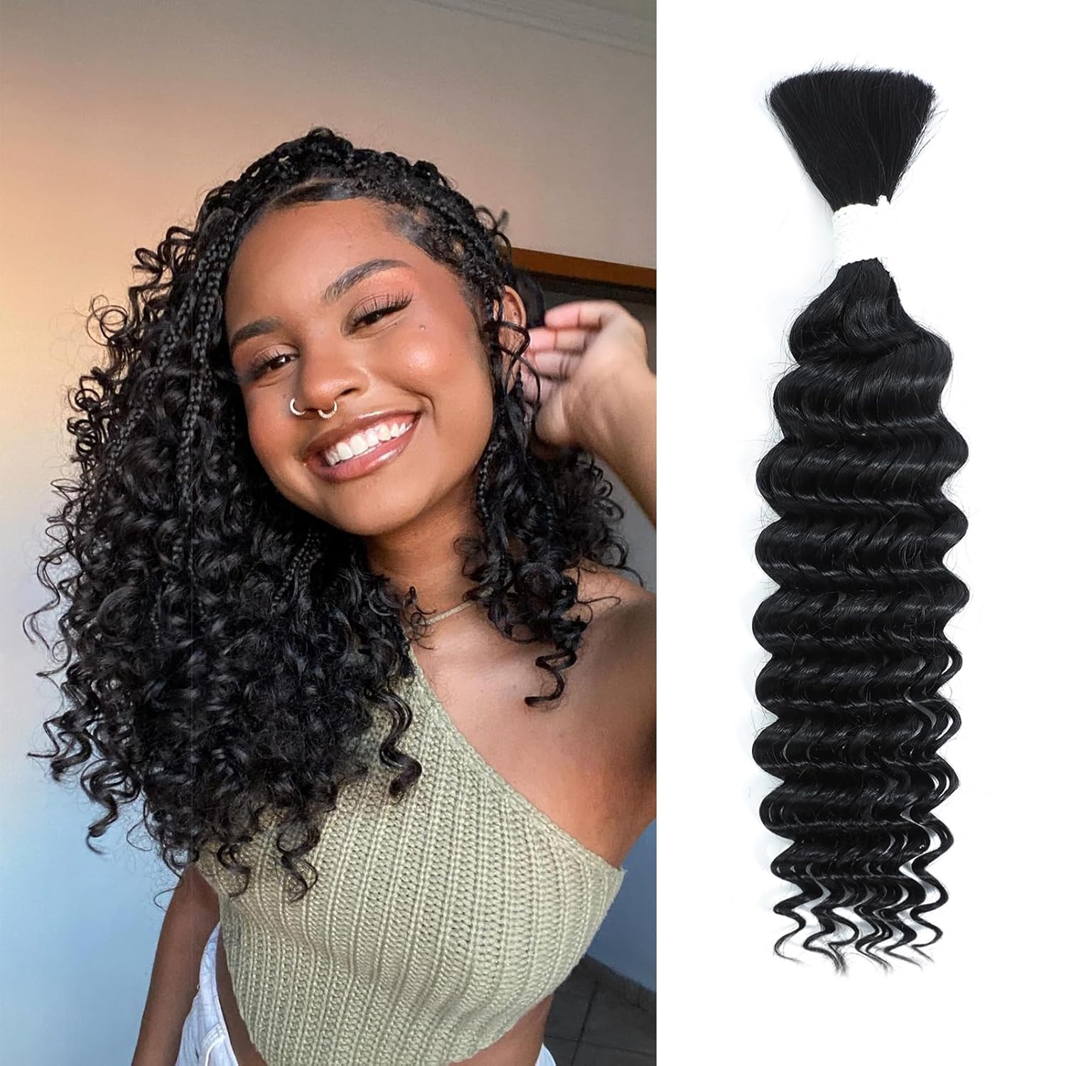 14” Deep Water Wave Human Braiding Hair – 50g 12A Brazilian Virgin Wavy Hair for Boho Braids – No Weft, 1B Natural Black