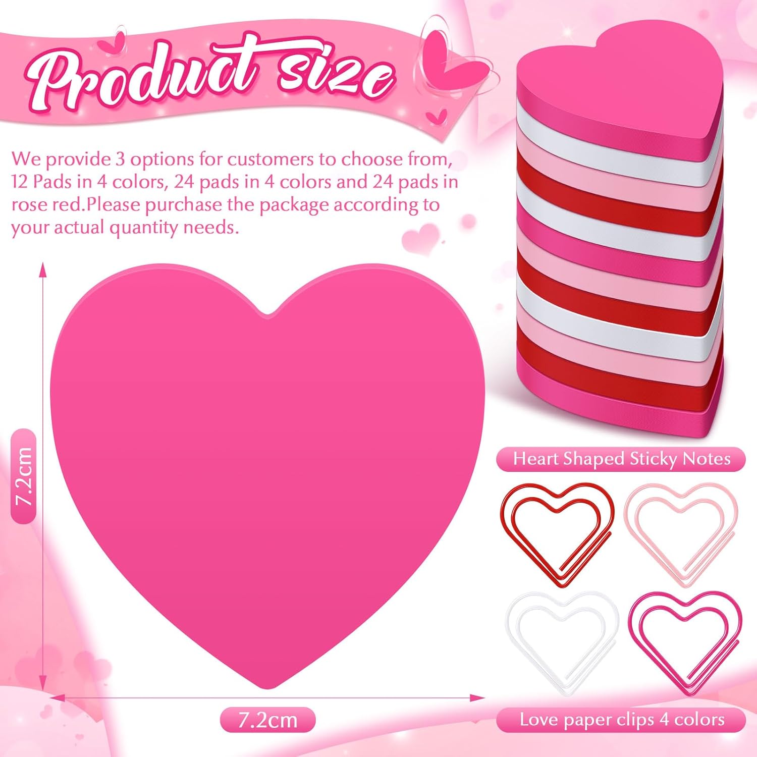 Fuyoooo Heart Shaped Sticky Notes Pad & Love Paper Clips Set – 104 Pcs, 2.83" x 2.83" Cute Office Supplies for Women