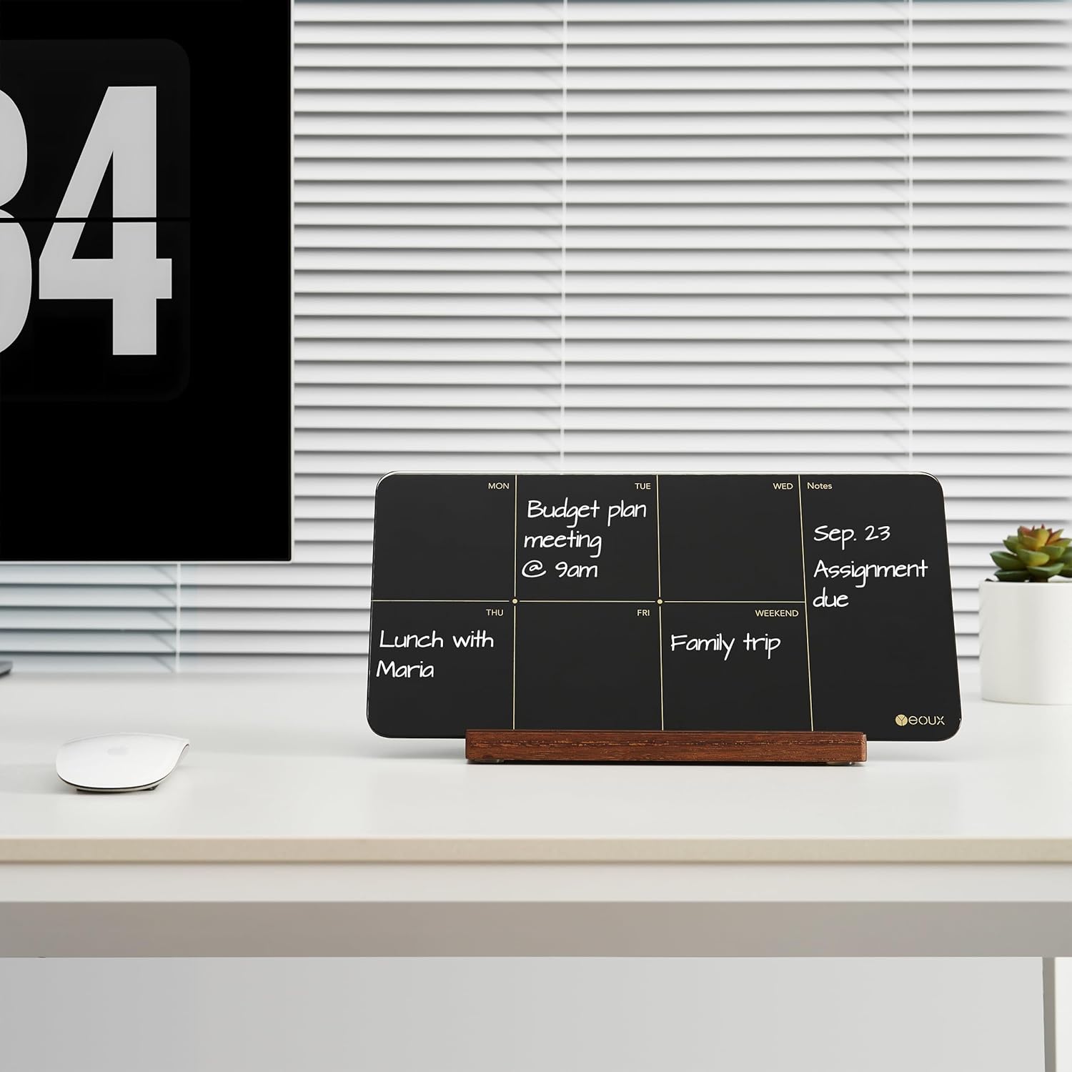 Desktop Black Glass Weekly Planner Dry Erase Whiteboard – 12x6 Portable Calendar with Detachable Wood Stand, Marker & Eraser – For Office, Home, Schools