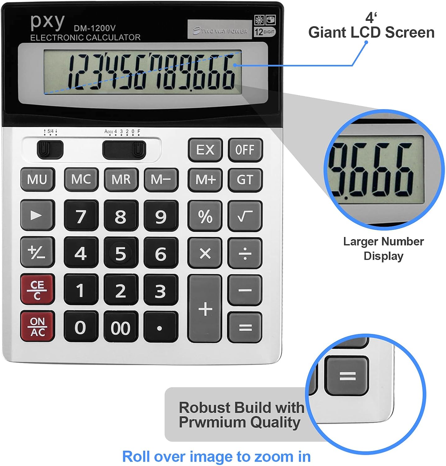 PXY 12-Digit Desk Calculator – Extra Large LCD Display, Big Buttons, Dual Power, Grey