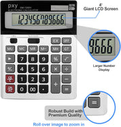 PXY 12-Digit Desk Calculator – Extra Large LCD Display, Big Buttons, Dual Power, Grey