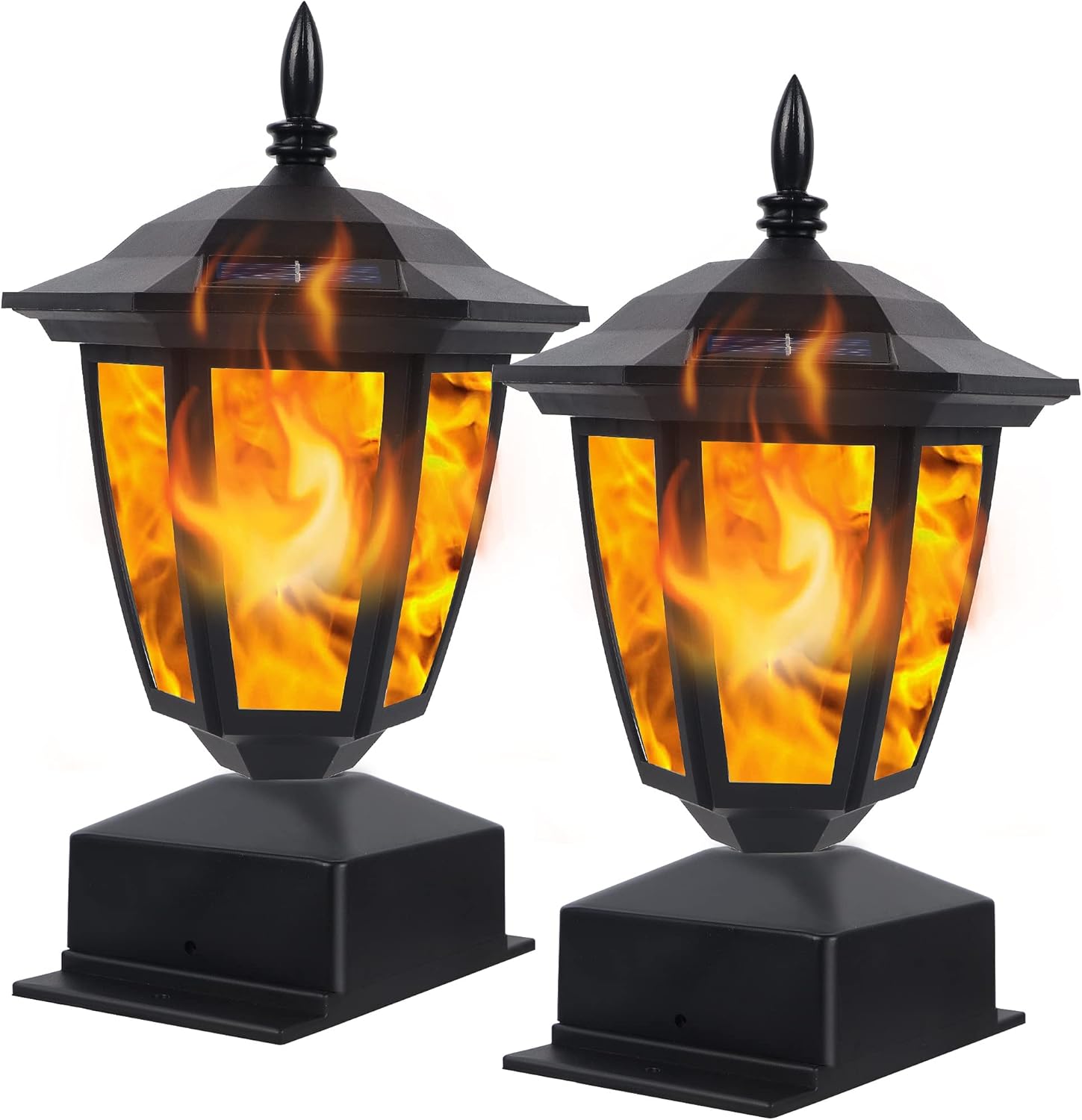 Dynaming Solar Flame Post Cap Lights – 2 Pack Outdoor Waterproof LED Lanterns for 4x4, 5x5, 6x6 Wooden Fence Posts – Flickering Flame, Solar Powered, Garden Patio Deck Light