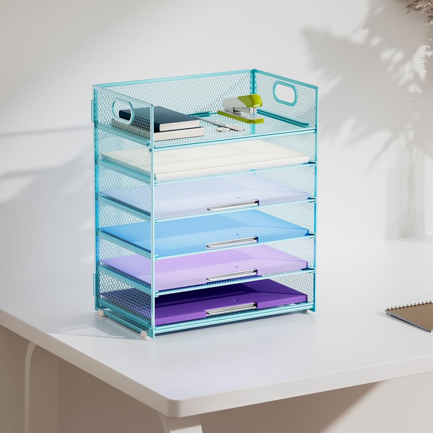 Marbrasse 6-Tier Paper Organizer – Blue Mesh Letter Tray with Handle – Office Desk File Sorter for A4/Folders