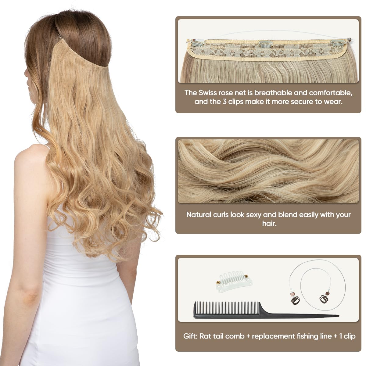 22” Ombre Invisible Wire Hair Extensions with Clips – Synthetic Long Wavy Curly Hairpiece, Brown to Golden, Adjustable Headband for Women