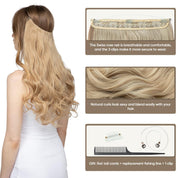 22” Ombre Invisible Wire Hair Extensions with Clips – Synthetic Long Wavy Curly Hairpiece, Brown to Golden, Adjustable Headband for Women