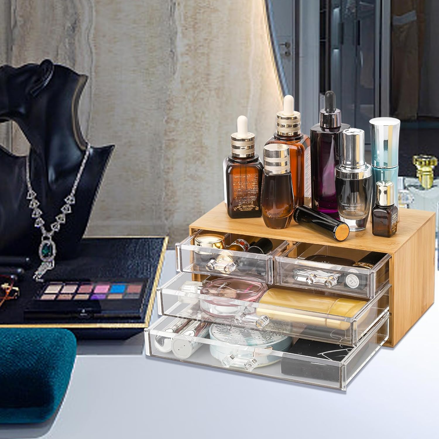 Okllen Bamboo Cosmetic Storage Organizer – Portable Desktop Display Case with 4 Clear Acrylic Drawers – Skincare, Makeup, Jewelry & Hair Accessories Organizer for Bathroom Counter