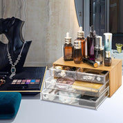 Okllen Bamboo Cosmetic Storage Organizer – Portable Desktop Display Case with 4 Clear Acrylic Drawers – Skincare, Makeup, Jewelry & Hair Accessories Organizer for Bathroom Counter