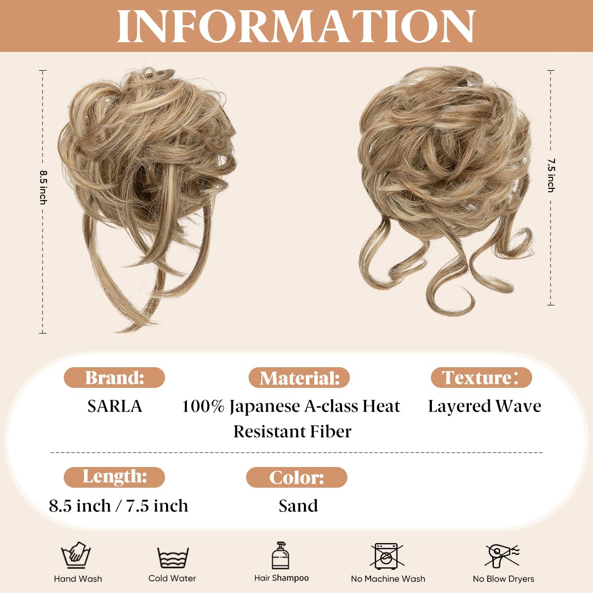 SARLA 2PCS Messy Bun Hair Pieces with Detachable Claw Clip – Wavy Curly Synthetic Updo Hairpieces with Tendrils, Sand