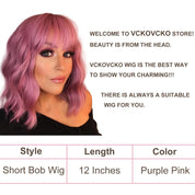 VCKOVCKO Short Pastel Wavy Bob Wig with Air Bangs – Purple Pink Synthetic Shoulder-Length Wig