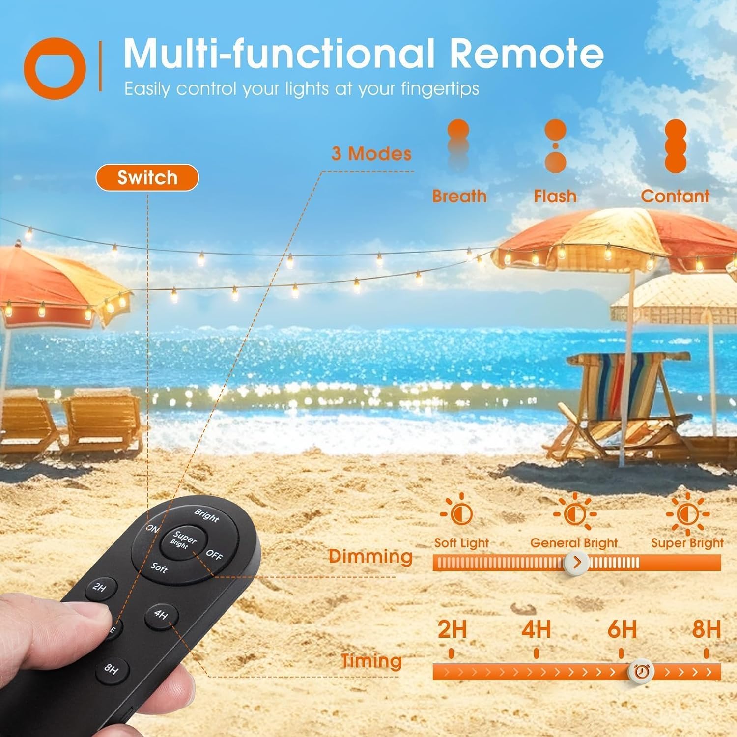 addlon 54FT (48+6) Solar String Lights – Waterproof Outdoor LED S14 Bulbs with USB Charging & Remote – Dimmable Bistro Lights for Patio, Garden, Yard, Porch – Lasts 20+ Hours