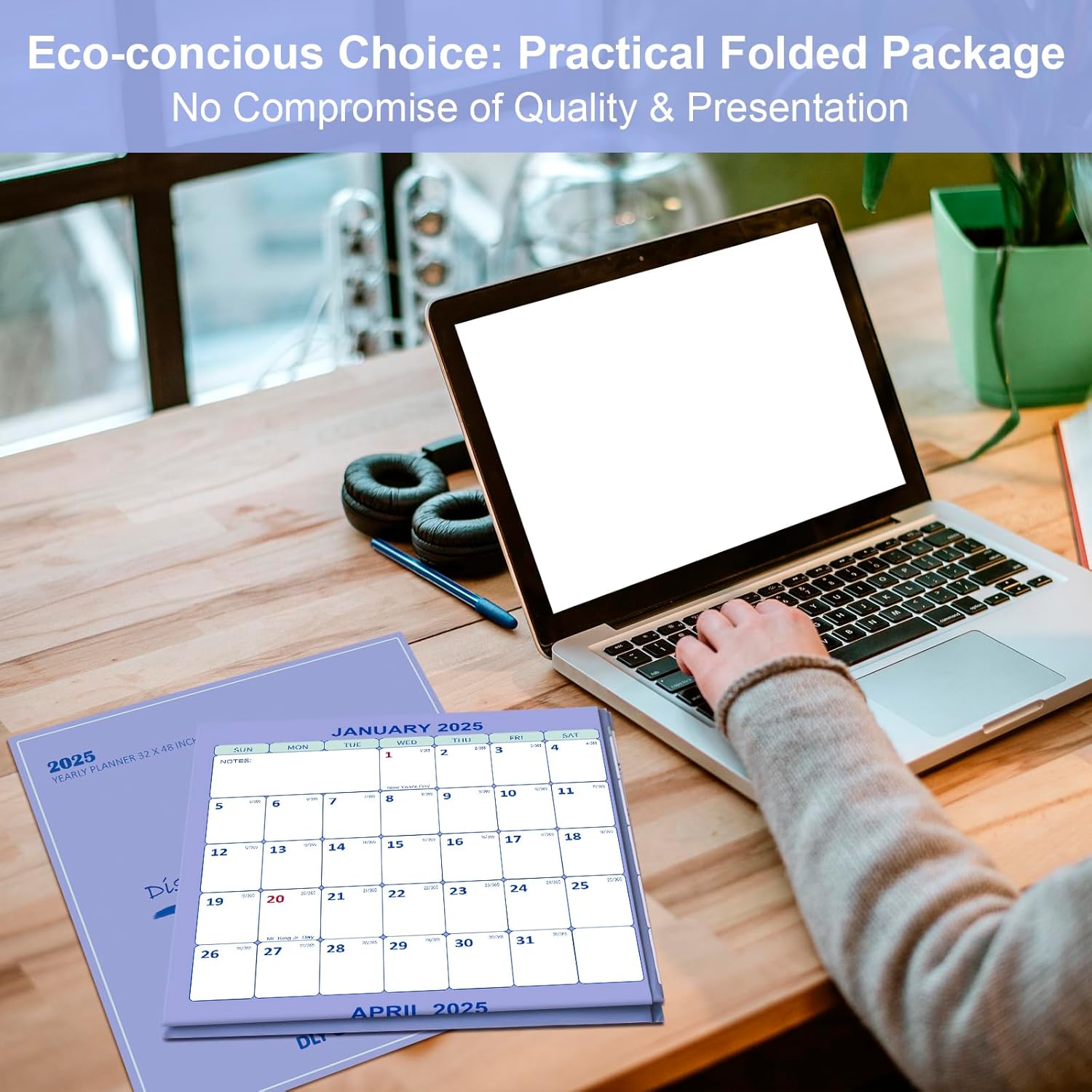 DLY Oasis 32" x 48" 2025 Wall Calendar – Folded Wet & Dry Erase Laminated Yearly Planner with Julian Dates, Horizontal/Vertical Layout – Blue – New