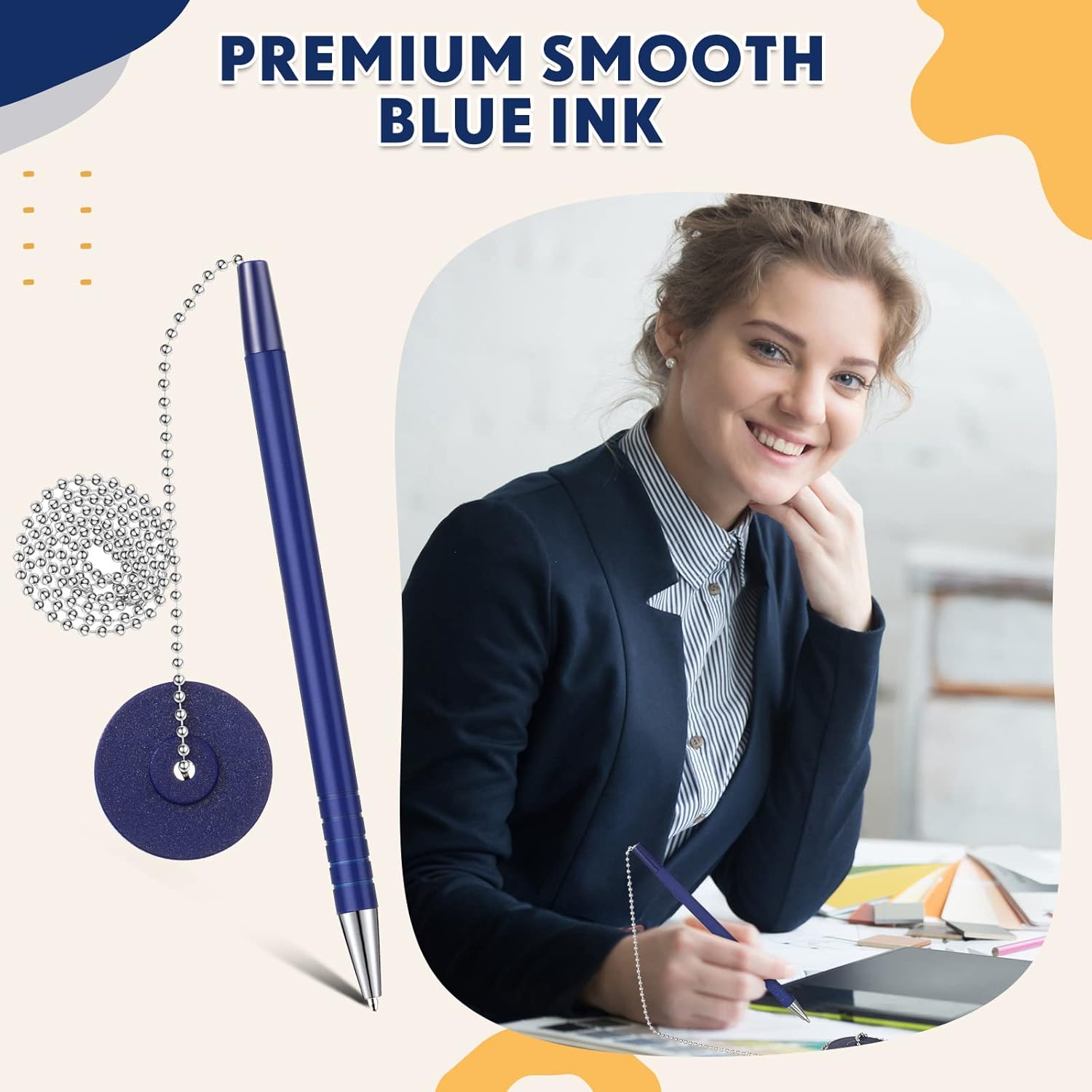 Pasimy Secure Pen with Adhesive Chain and Security Blue Ink Pen Holder for Home Office Supplies (6 Pieces)