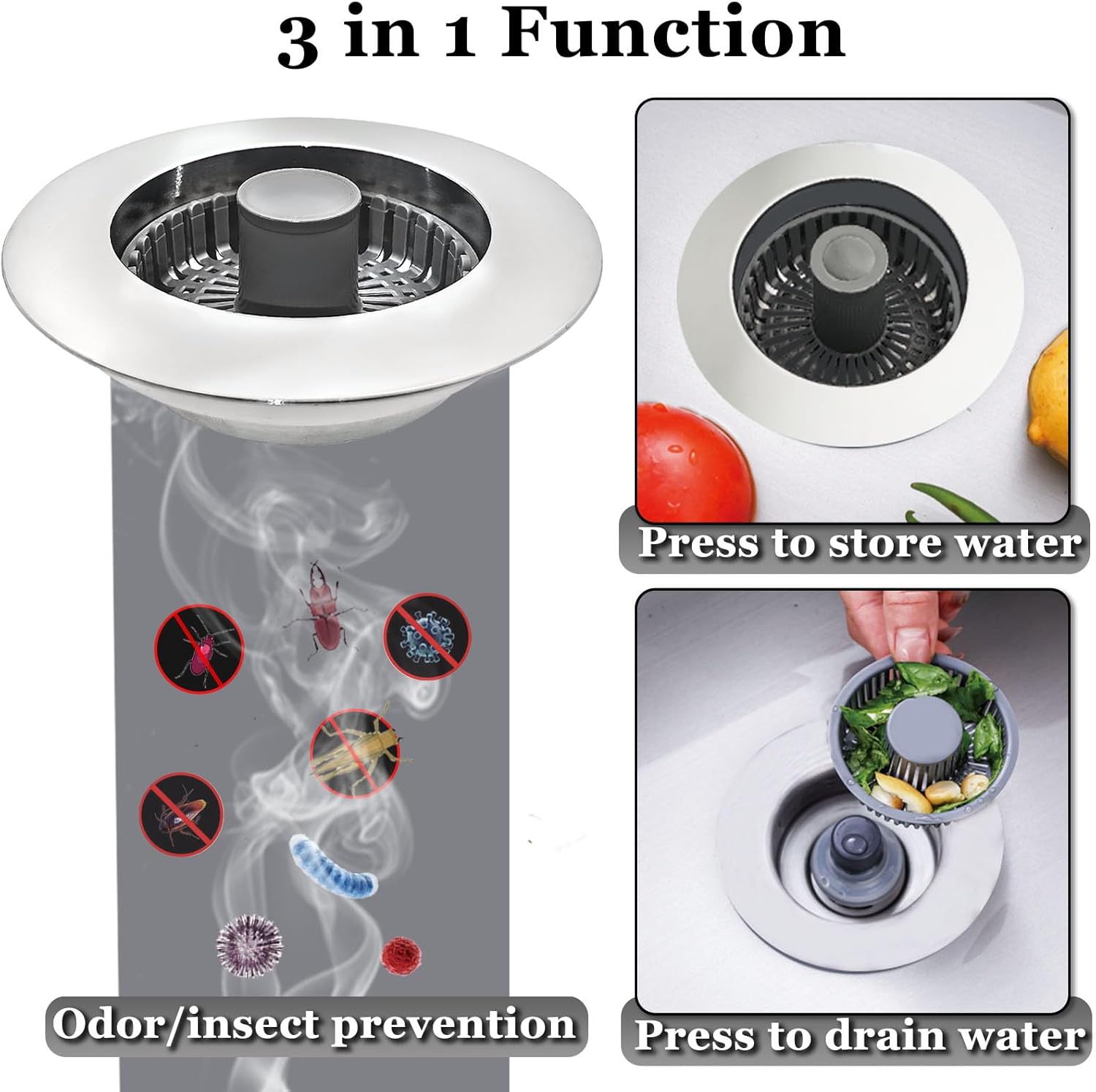 BAOLSLS 3-in-1 Kitchen Sink Stopper – Pop-Up Drain Strainer with Extra Basket Strainer, 3-1/2 Inch