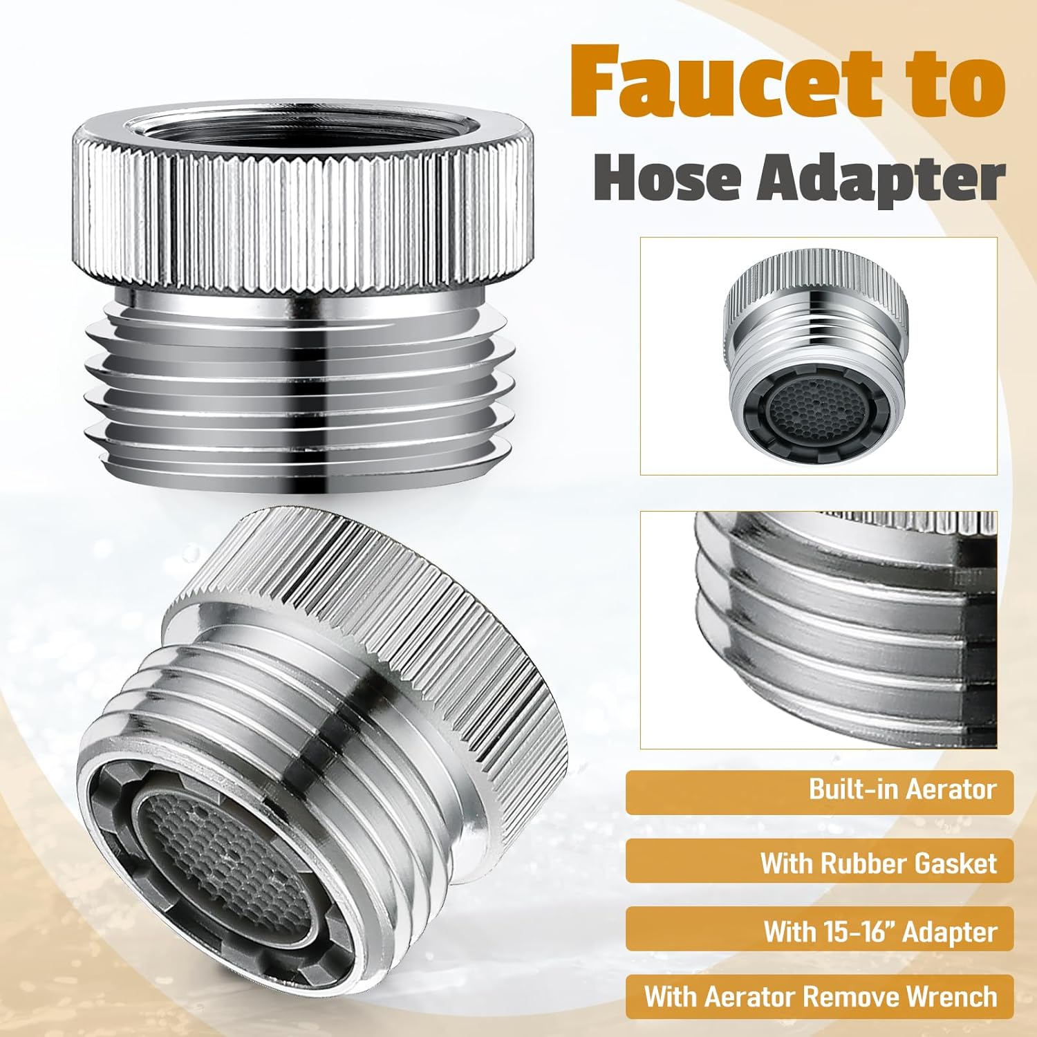 Faucet Adapter with Aerator – Sink Faucet to Garden Hose Adapter, 3/4" GHT Thread, Brass Chrome-Plated Connector