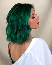 Aisaide Dark Green Wavy Bob Wig with Curtain Bangs – Short Synthetic Curly Wig for Women, Shoulder Length