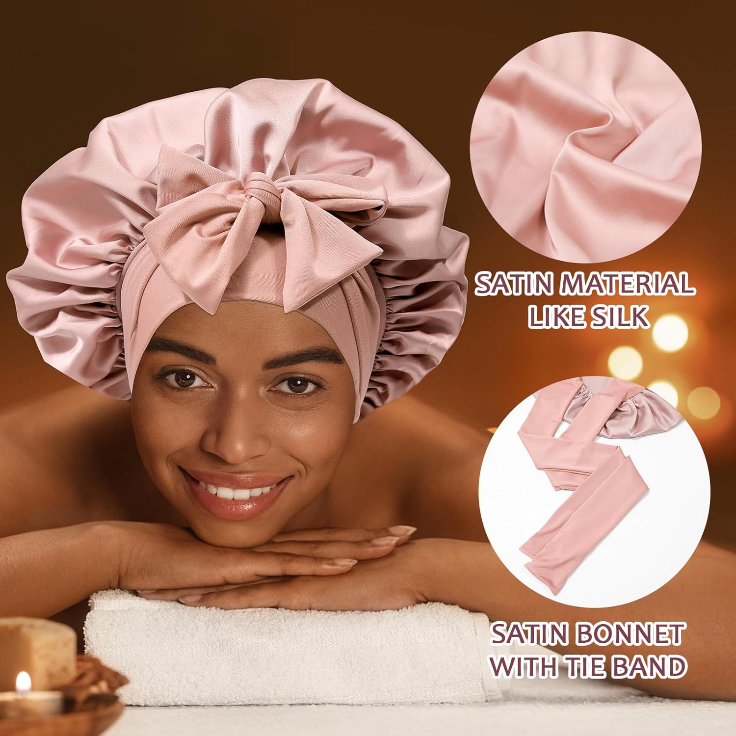Satin Hair Bonnet with Wide Tie Band – Silk Sleeping Cap for Women & Girls, Light Pink