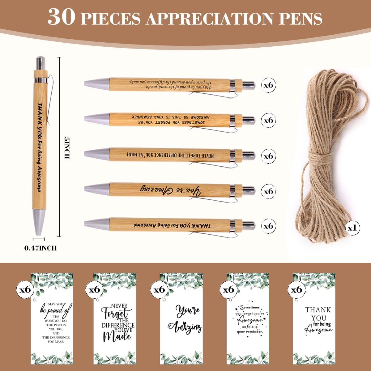 30 Sets Employee Appreciation Gifts – Motivational Bamboo Pens with Thank You Cards for Teachers, Students, Coworkers & Teams
