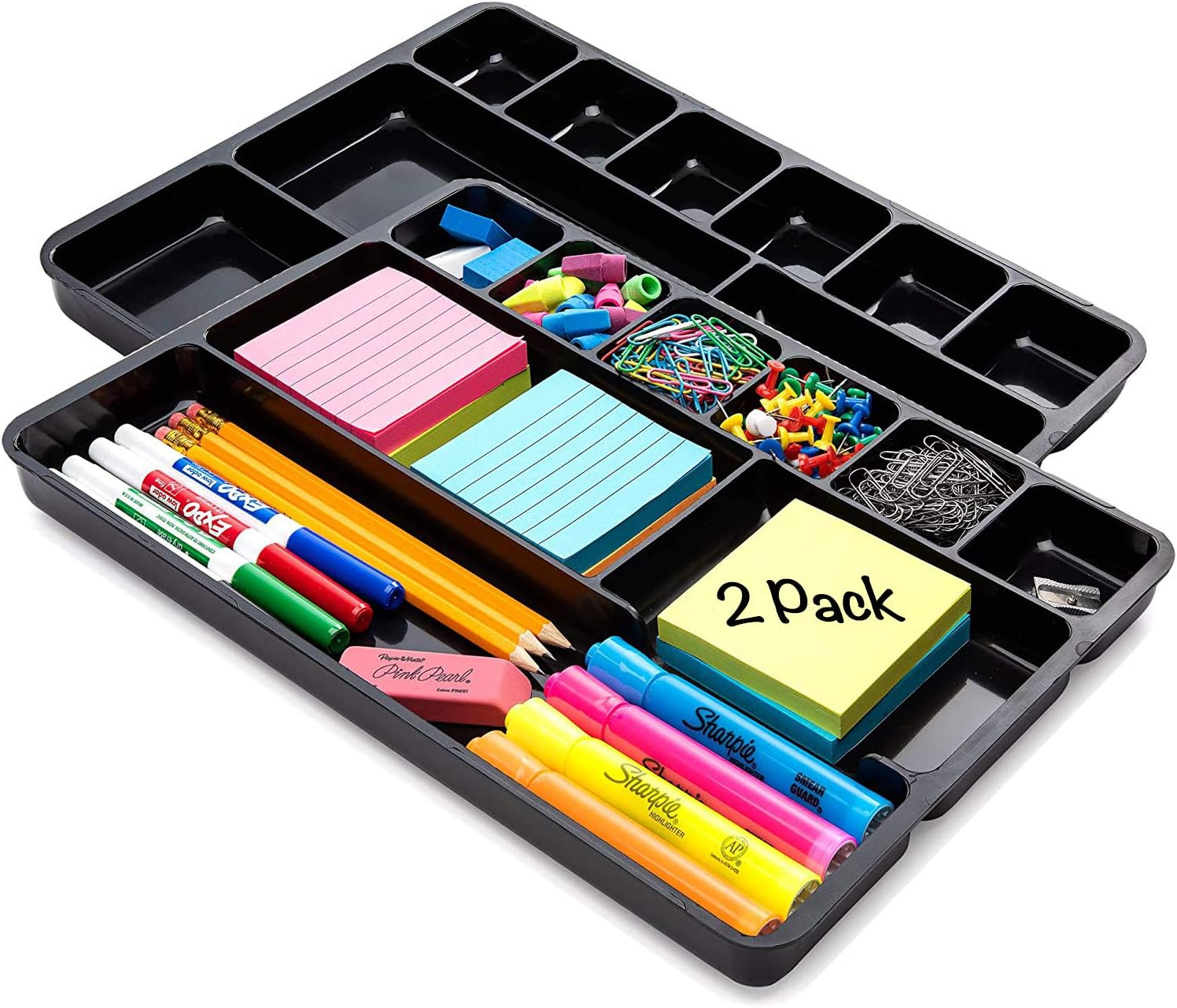 Manaloom Desk Drawer Organizer Tray – 9 Storage Compartments – 2 Pack – Black Plastic Desk Drawer Organizers for Pens, Paper Clips, Sticky Notes & Office Supplies