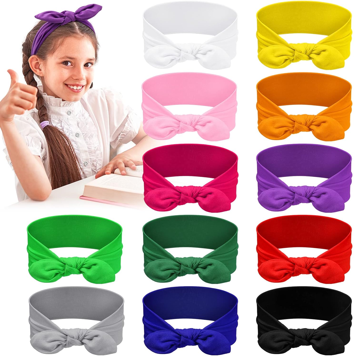 Giegxin 12-Pack Colorful Cloth Headbands for Girls – Removable Rabbit Ear Bow Hairbands, 12 Colors