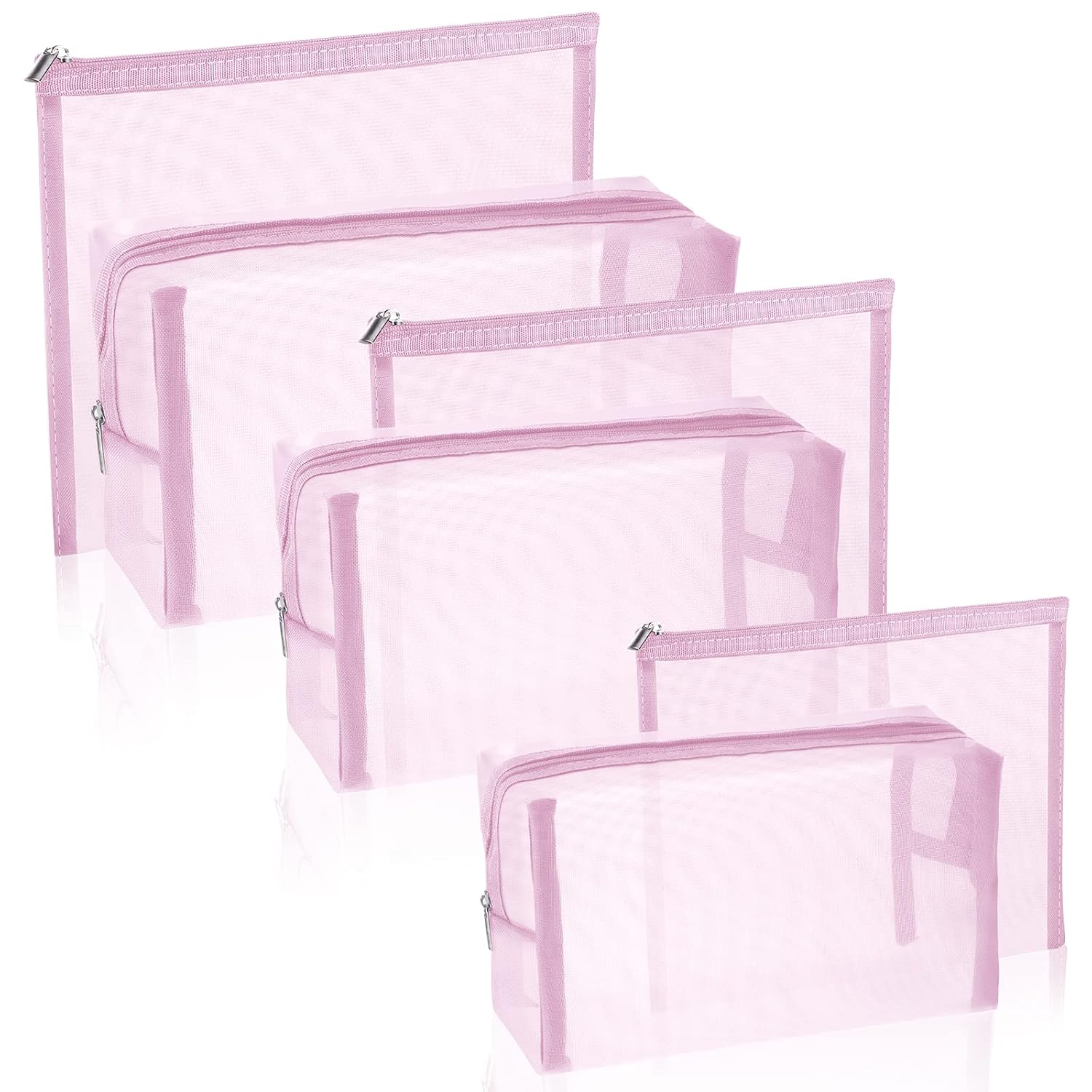 Boao 6-Piece Mesh Makeup Bags – Light Pink Nylon Travel Cosmetic Organizer Pouches with Zipper for Toiletries & Accessories