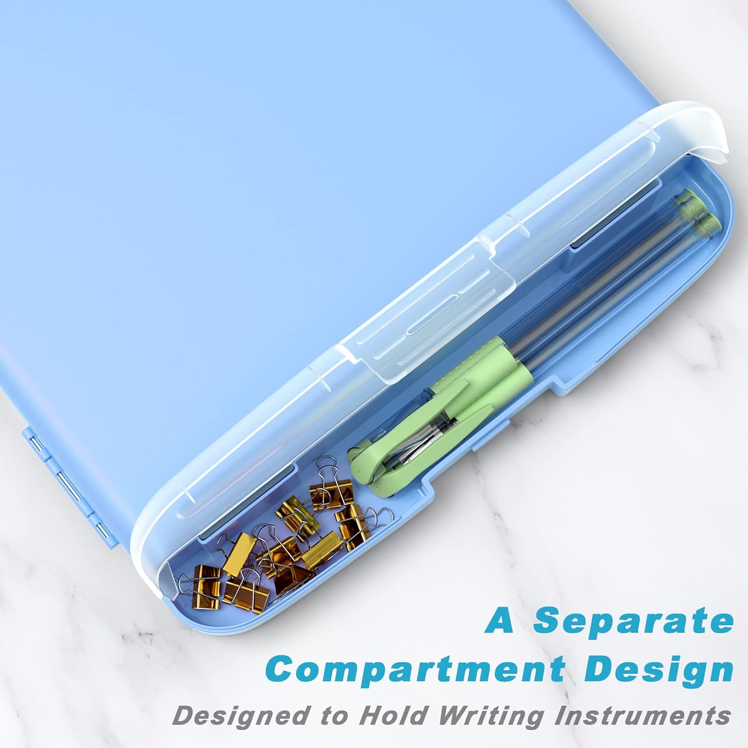 Plastic Clipboard with Storage – 8.5 x 11 High Capacity Side-Opening Folio Nursing Case with Pen Holder – Blue