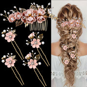5-Piece Bridal Flower Hair Pins – Cherry Blossom Pink Crystal Pearl Hair Accessories with Rhinestones for Wedding Updos