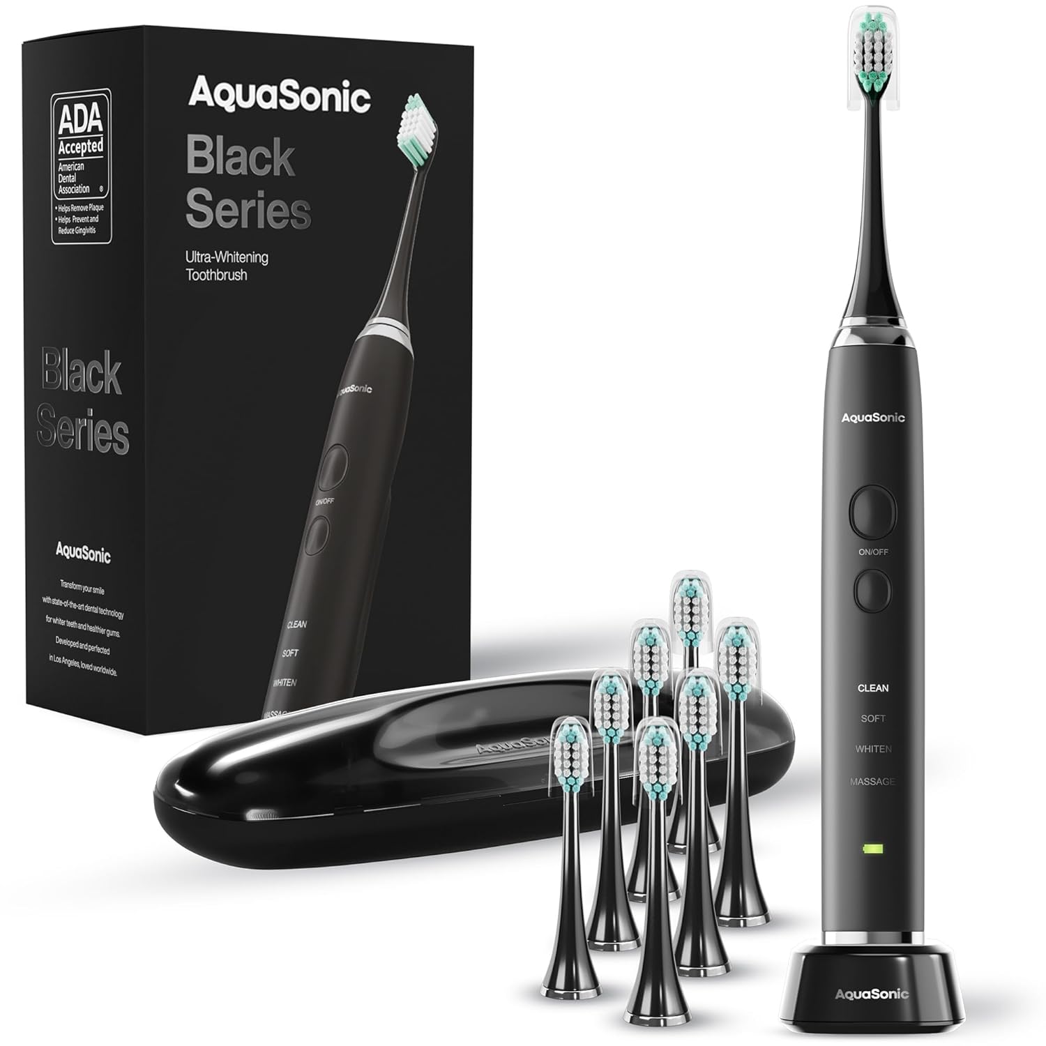 Aquasonic Black Series Ultra Whitening Toothbrush – ADA Accepted Electric Toothbrush with 8 Brush Heads & Travel Case – 40,000 VPM Motor, Wireless Charging, 4 Modes & Smart Timer