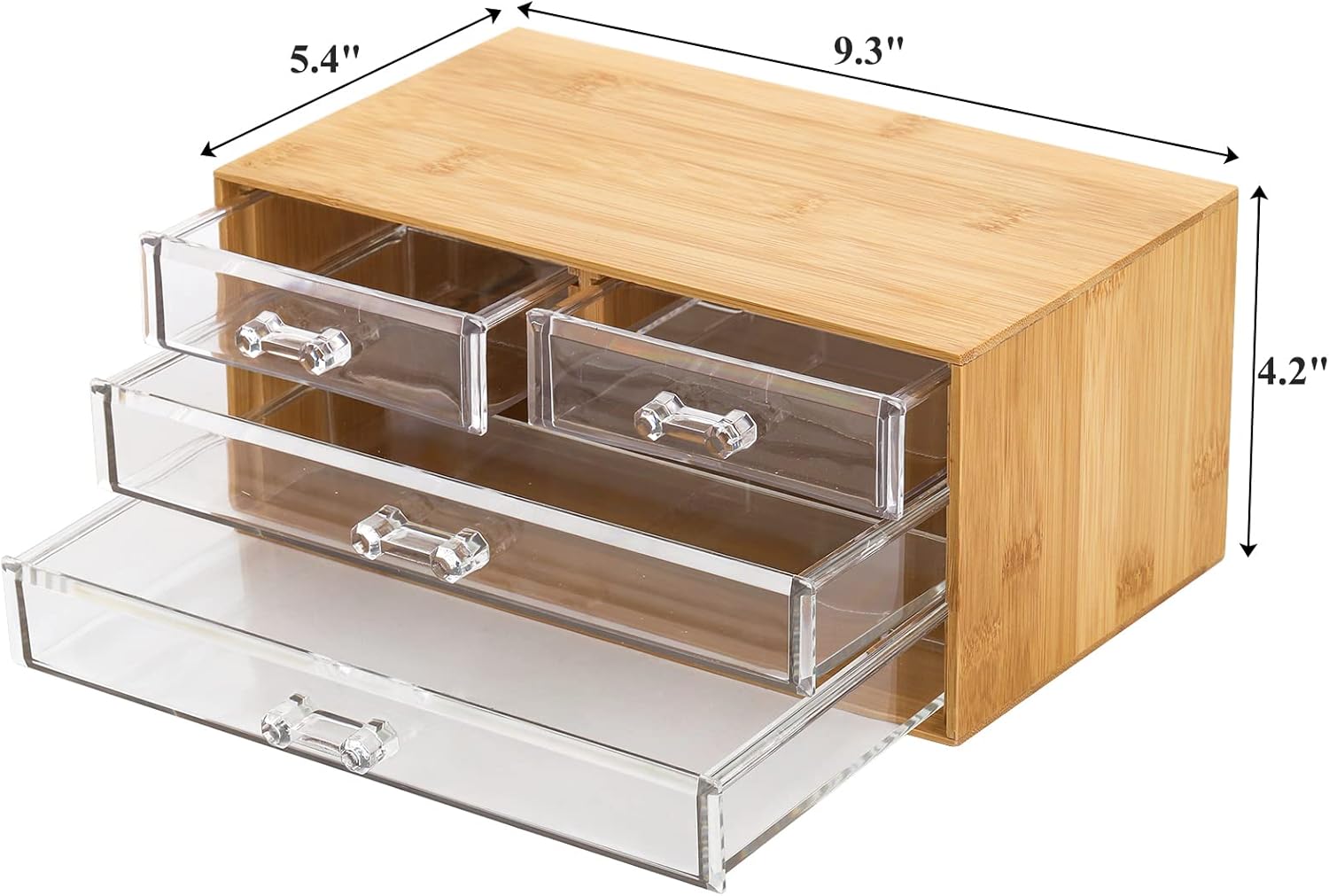 Okllen Bamboo Cosmetic Storage Organizer – Portable Desktop Display Case with 4 Clear Acrylic Drawers – Skincare, Makeup, Jewelry & Hair Accessories Organizer for Bathroom Counter