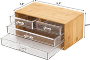 Okllen Bamboo Cosmetic Storage Organizer – Portable Desktop Display Case with 4 Clear Acrylic Drawers – Skincare, Makeup, Jewelry & Hair Accessories Organizer for Bathroom Counter
