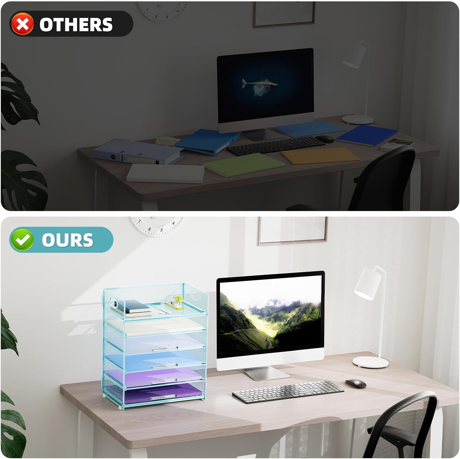 Marbrasse 6-Tier Paper Organizer – Blue Mesh Letter Tray with Handle – Office Desk File Sorter for A4/Folders