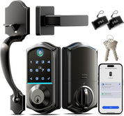 Veise Fingerprint Smart Front Door Lock Set – App Control, Keyless Entry with Handle, Smart Deadbolt, Emergency Power Port, Touchscreen Keypad, Auto Locking, Matte Black