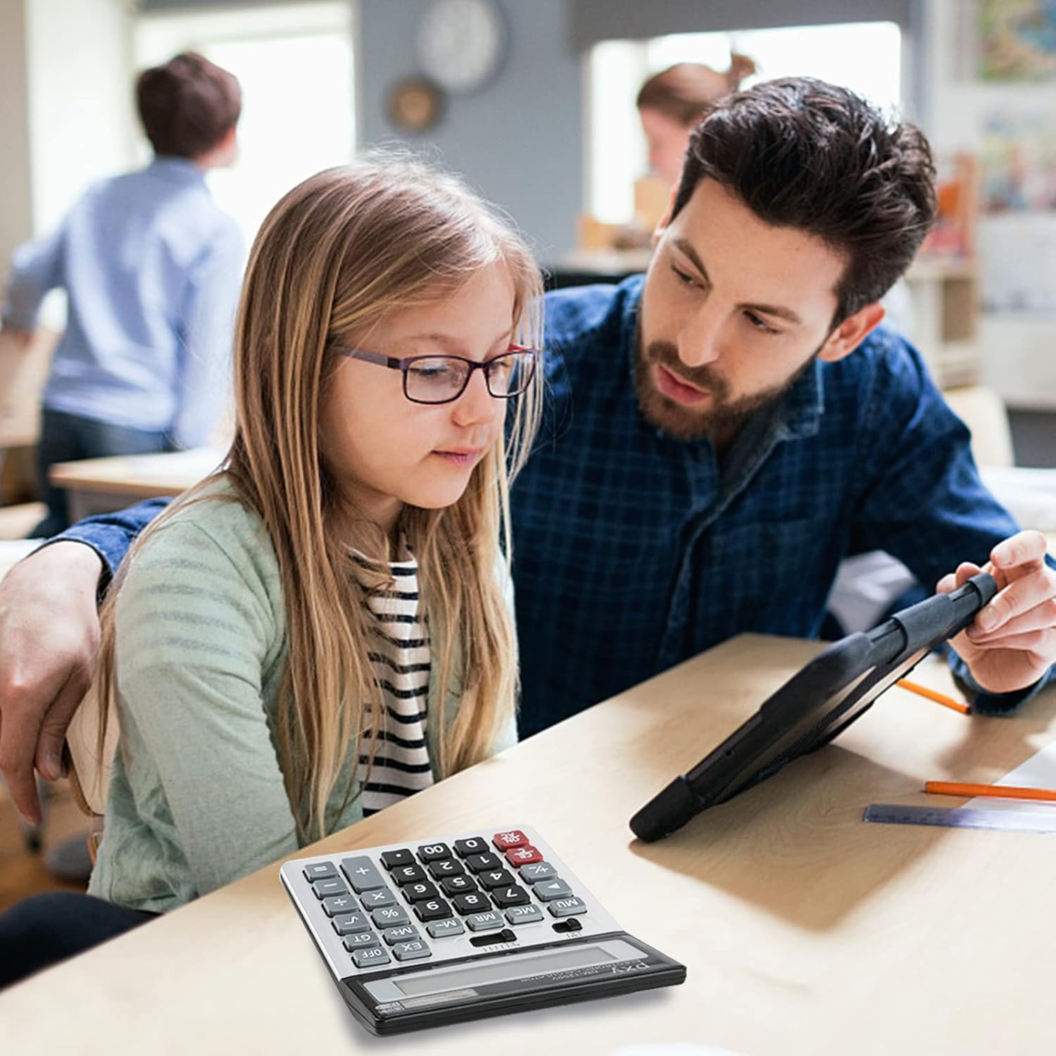 PXY 12-Digit Desk Calculator – Extra Large LCD Display, Big Buttons, Dual Power, Grey