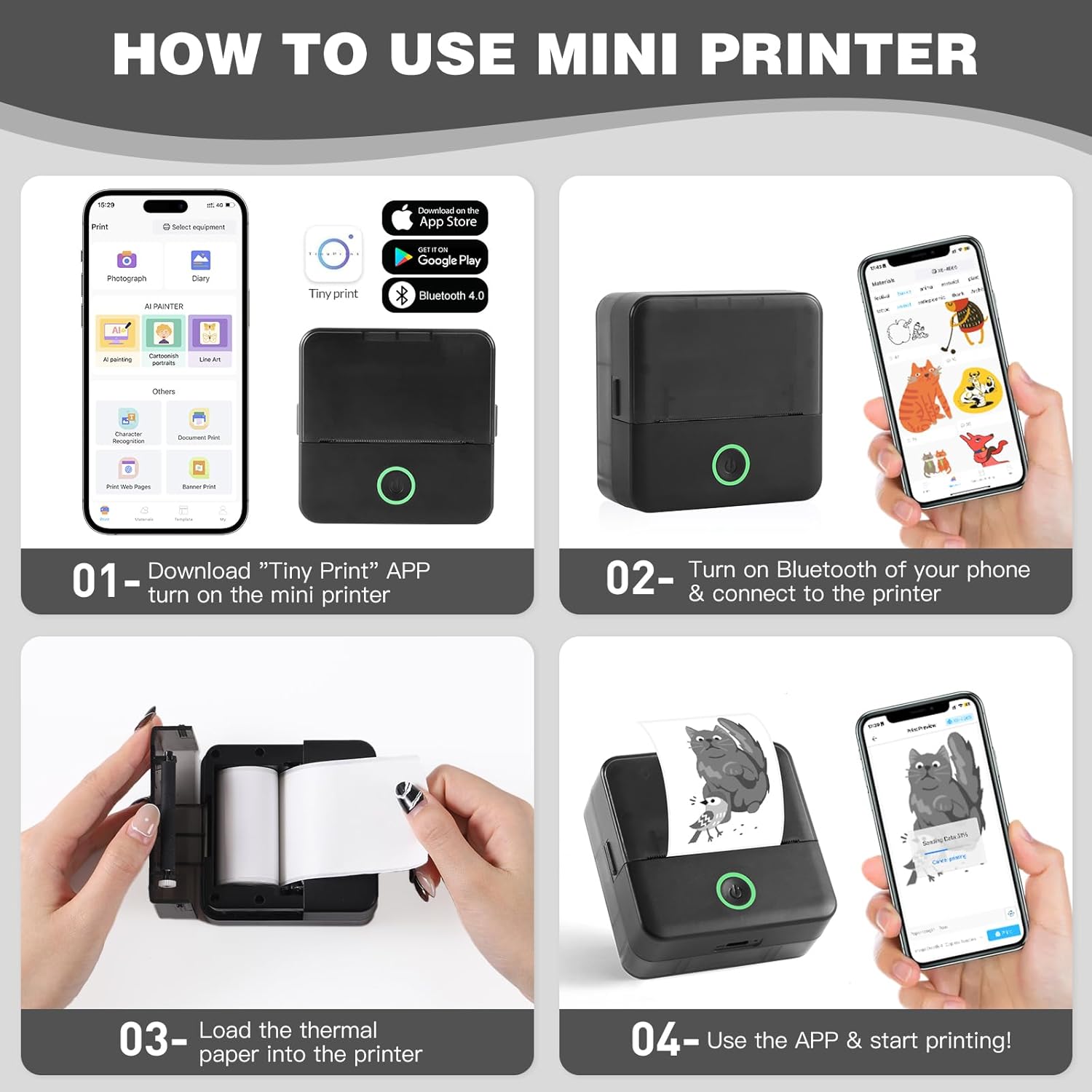 Print Pods Mini Thermal Printer – Inkless Pocket Sticker Maker with 10 Rolls Paper – Bluetooth Printer for Notes, Flashcards, Journals, DIY – Compatible with iOS & Android – Black (New)