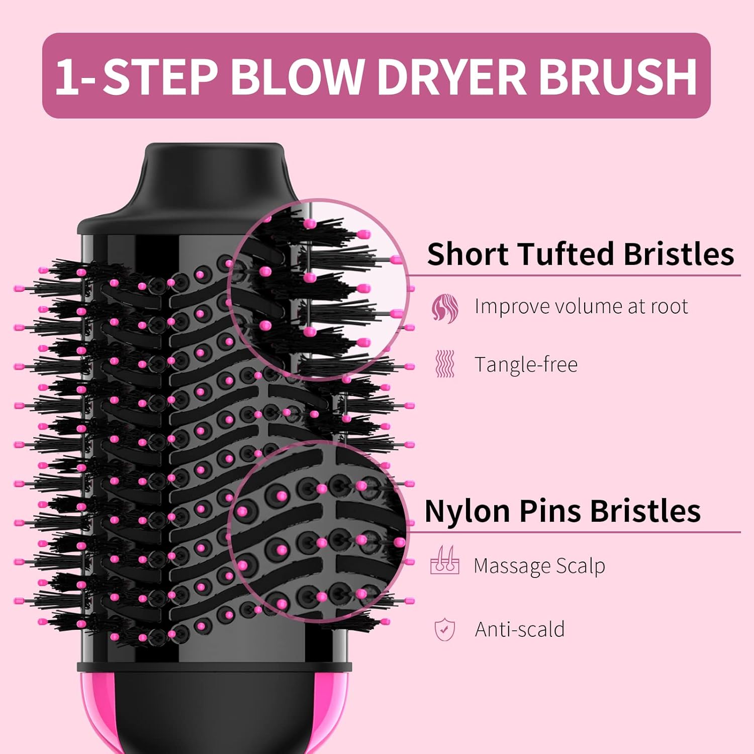 4-in-1 Hair Dryer Brush and Styler Volumizer – Black/Pink, Ceramic Titanium Barrel