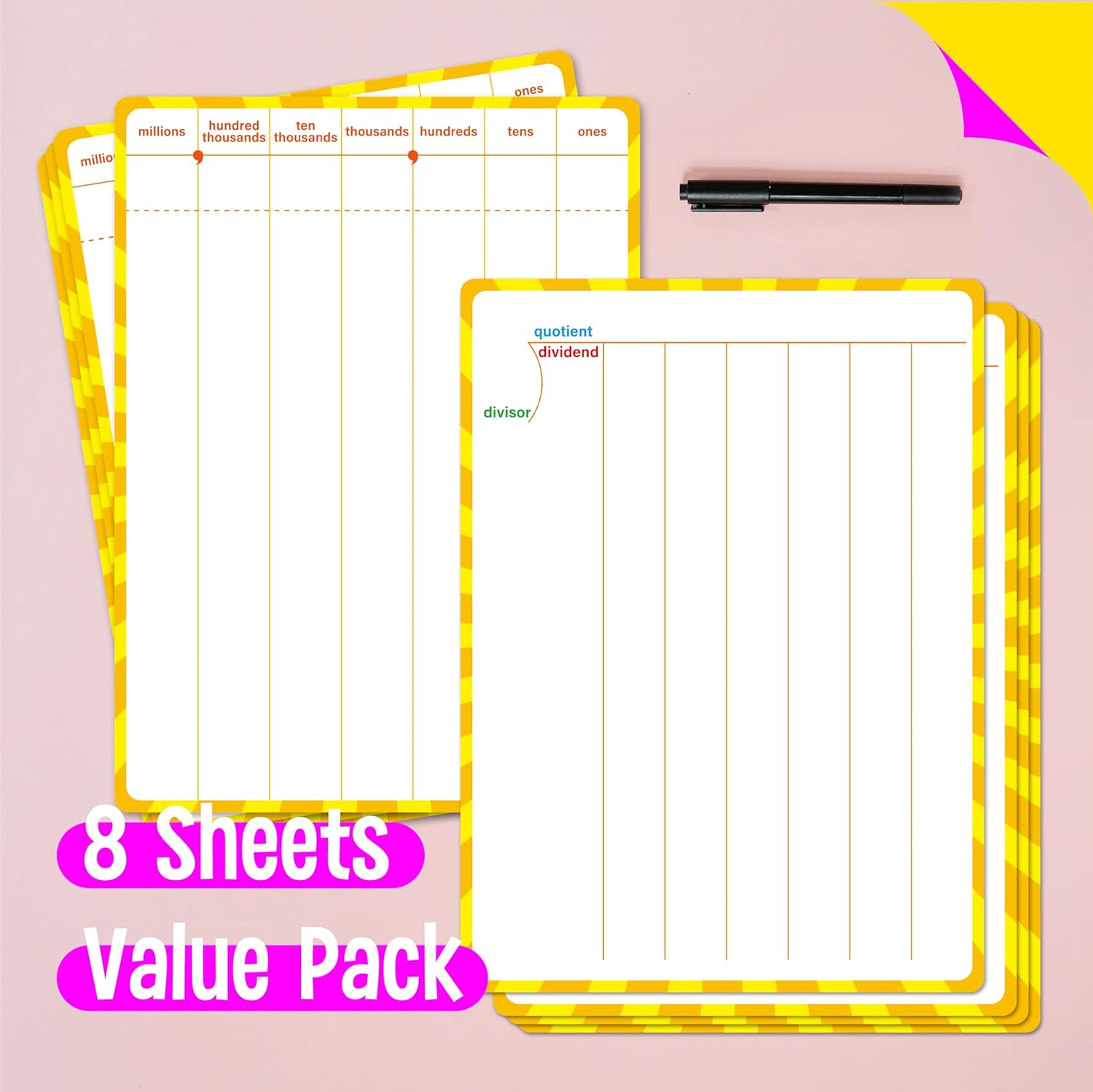 SpriteGru 8-Pack Division Whiteboards – Double-Sided Dry Erase Math Learning Boards for Kids, Students, Classroom & Home, 12” x 9”
