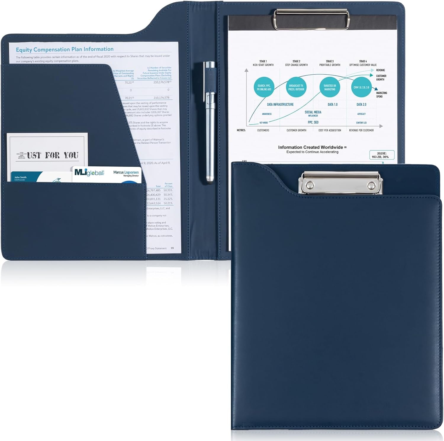 ProCase A4 Clipboard Folder – PU Leather File Organizer with Lid, Document Pockets, and Pen Holder, Dark Blue