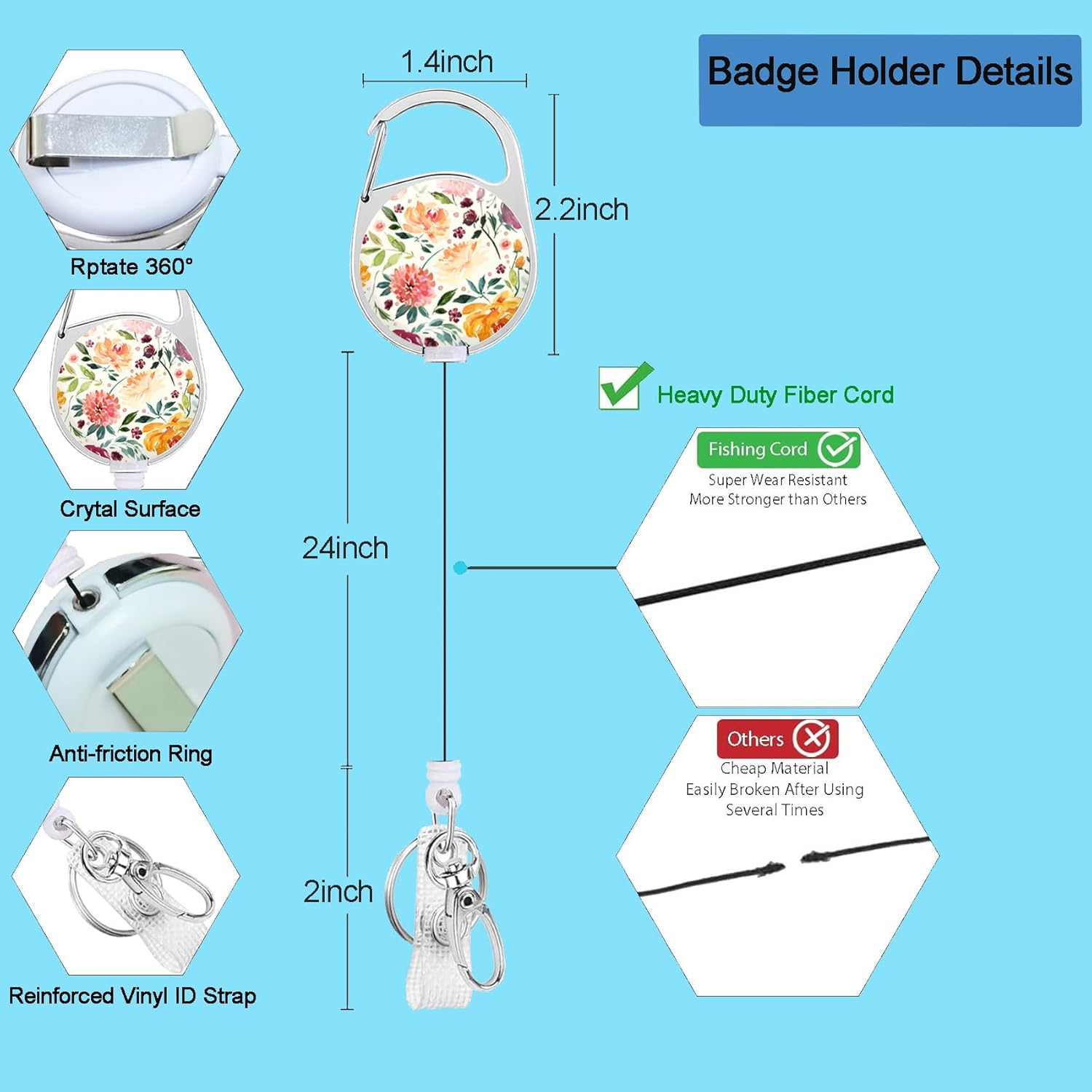 HEVITDA Badge Holder with Heavy Duty Retractable Reel – ID Card Case with Carabiner & Belt Clip – Watercolor Flower Design