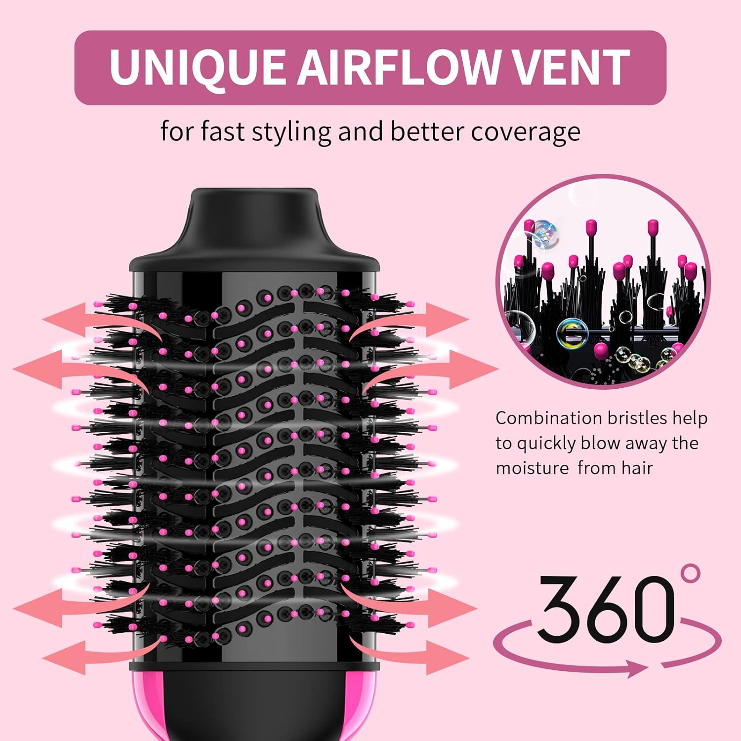4-in-1 Hair Dryer Brush and Styler Volumizer – Black/Pink, Ceramic Titanium Barrel
