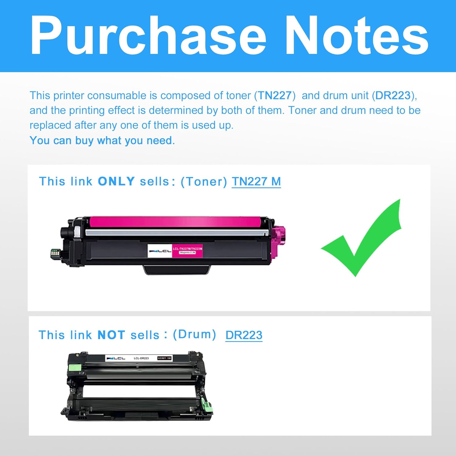 Compatible Toner Cartridge Replacement for Brother TN227/TN223 (Magenta) – High Yield, 2300 Pages, for HL-L3210CW, HL-L3270CDW, MFC-L3750CDW